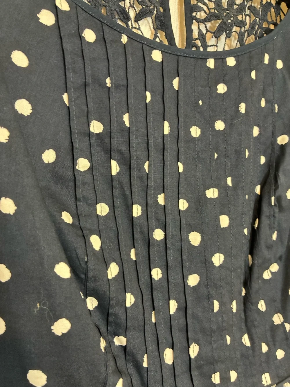 Moulinette Soeurs Polka Dot Fit and Flare Dress Lace Overlay Cotton Size 8 retro